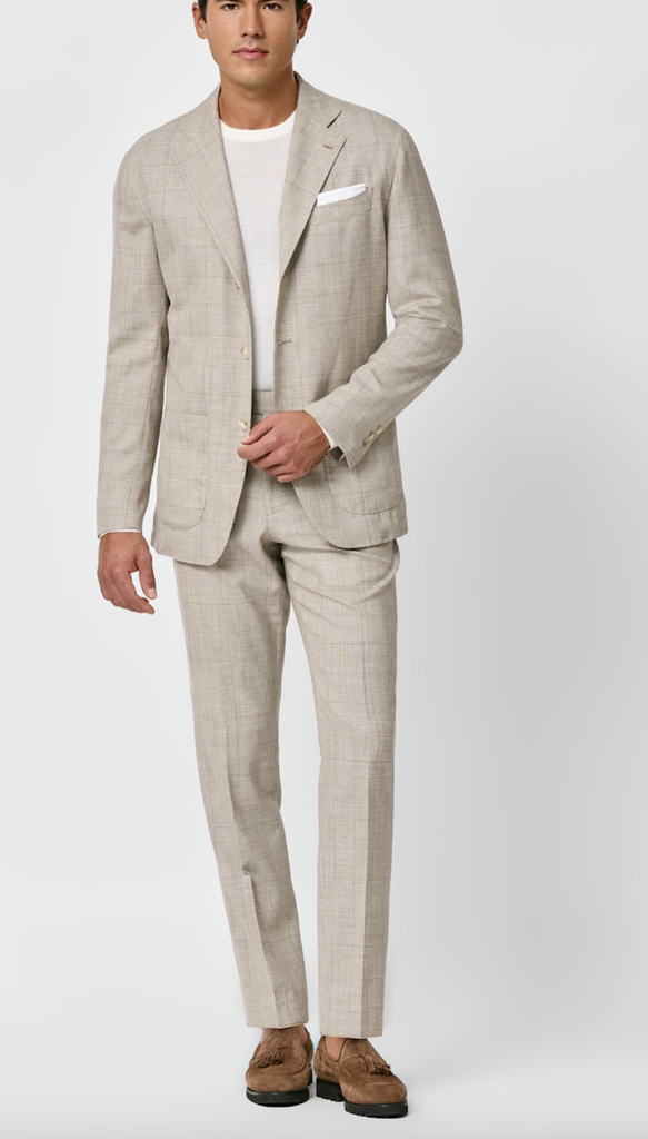 Loro Piana SUMMERTIME Light Beige Sand Tropical Wool, Silk & Linen with Glencheck