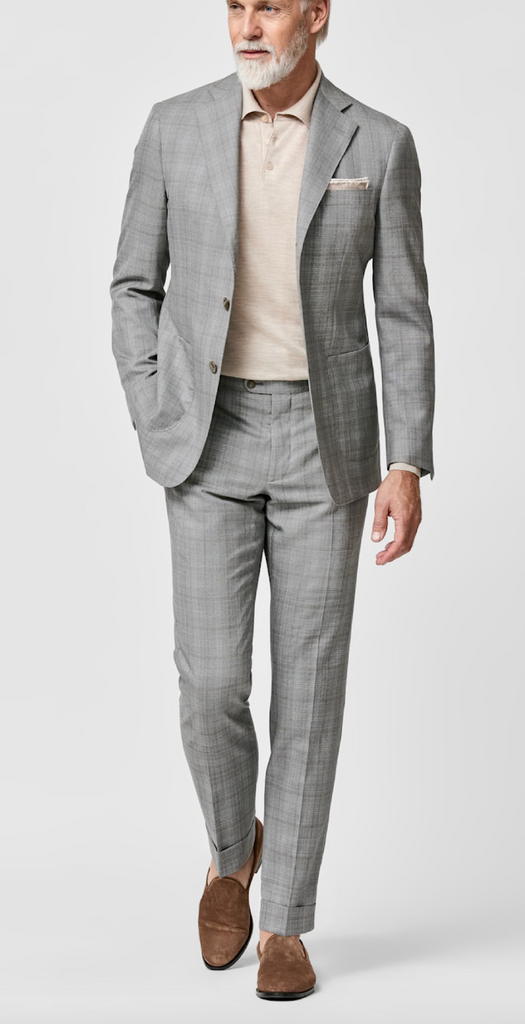 Fratelli Tallia Di Delfino Grey S130 Merino Wool Check with Brown Windowpane