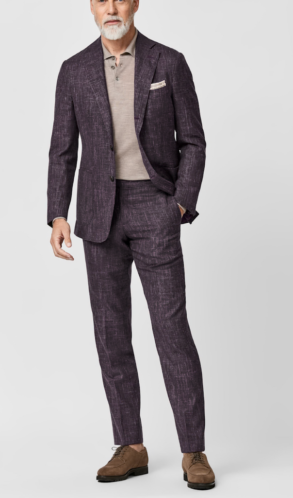 Loro Piana SUMMERTIME Plum Wool, Silk & Linen with Navy Glencheck Tropical Weave