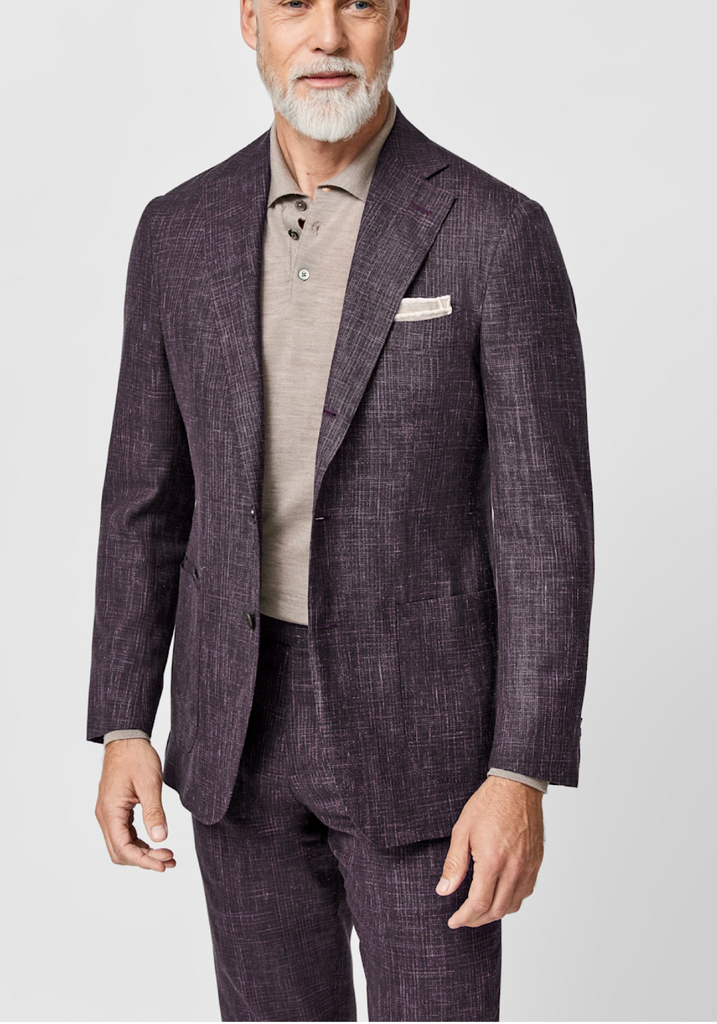 Loro Piana SUMMERTIME Plum Wool, Silk & Linen with Navy Glencheck Tropical Weave