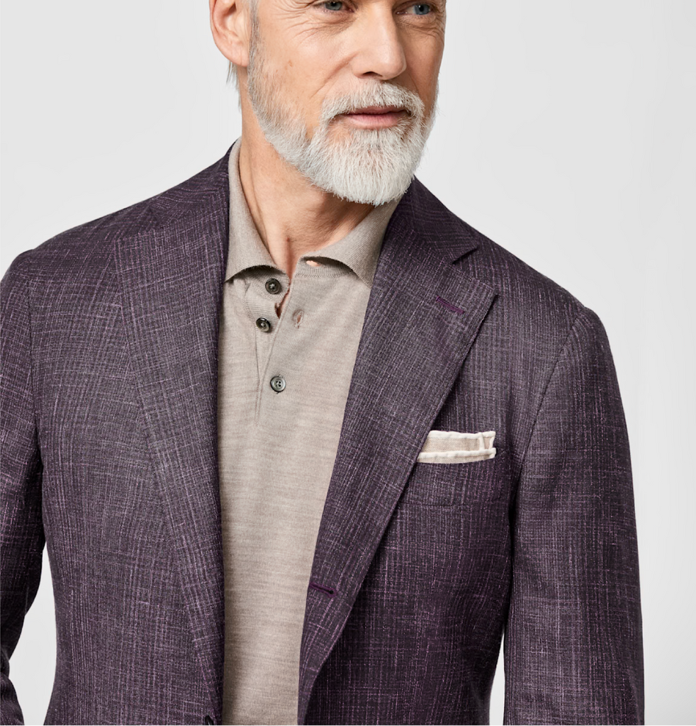 Loro Piana SUMMERTIME Plum Wool, Silk & Linen with Navy Glencheck Tropical Weave