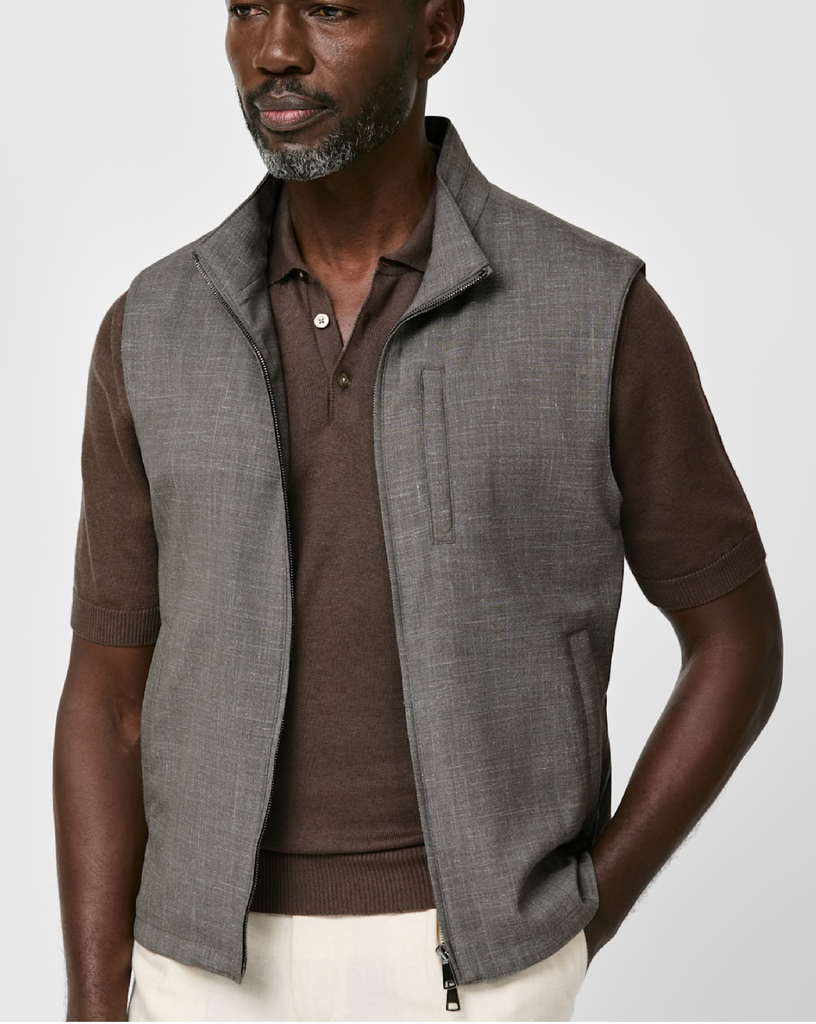 Loro Piana MOOVING Taupe Lightweight Tropical Stretch Wool, Silk & Linen Plain Weave Vest / Bodywarmer