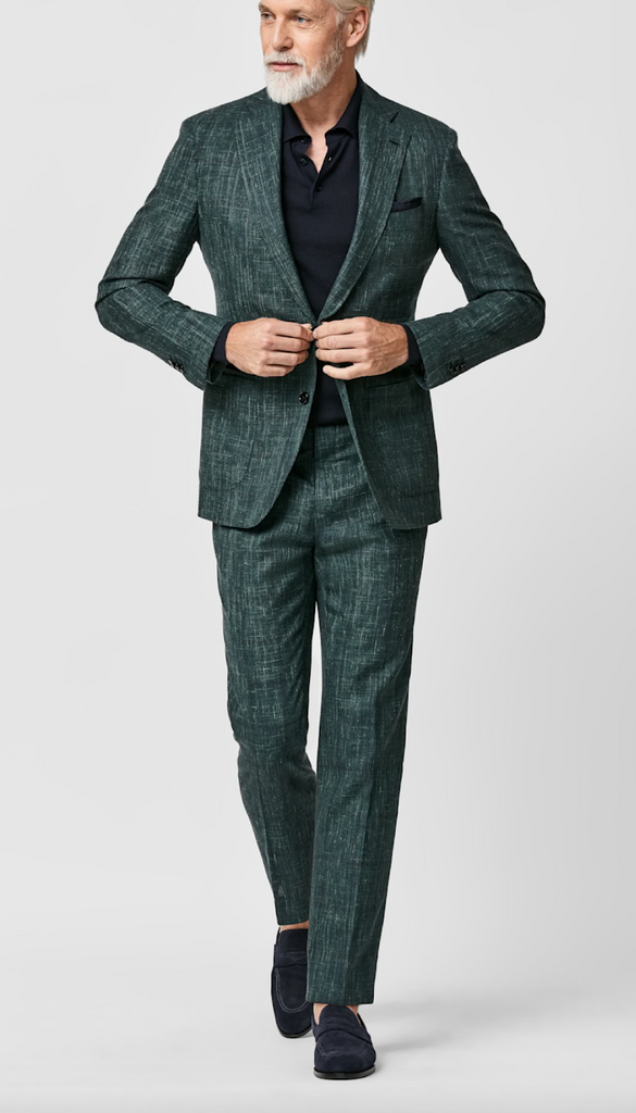 Loro Piana SUMMERTIME Green Tropical Wool, Silk & Linen with Navy Glencheck