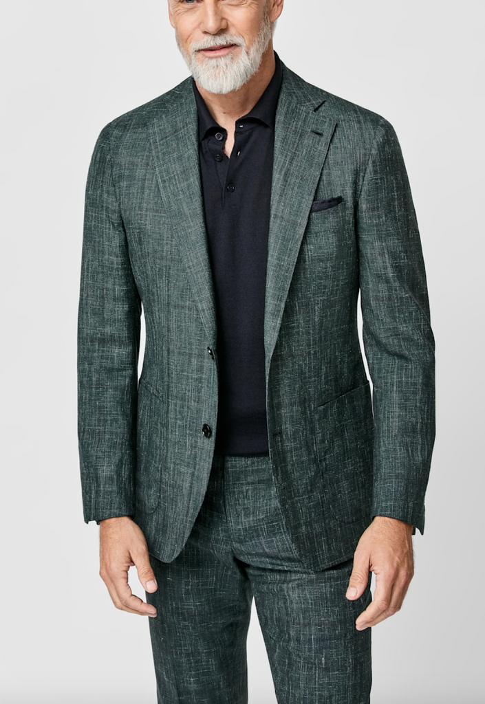 Loro Piana SUMMERTIME Green Tropical Wool, Silk & Linen with Navy Glencheck