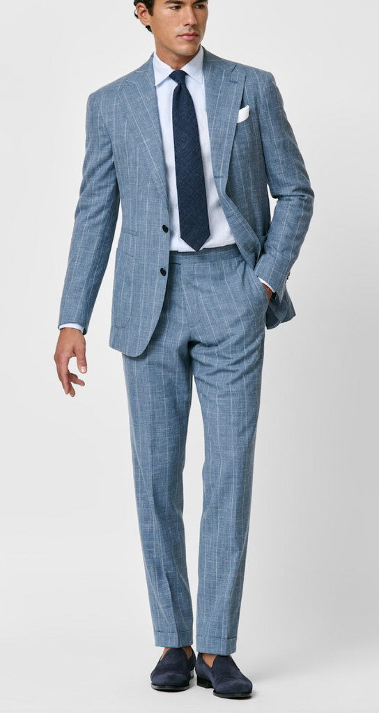 Loro Piana SUMMERTIME Slate Blue Merino Wool, Silk & Linen Plain Weave with Pencil Stripe