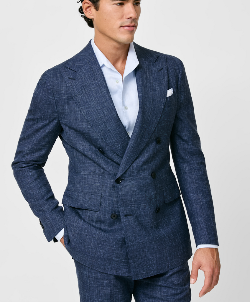 Loro Piana SUMMERTIME Navy & Midnight Blue Wool, Silk & Linen Glencheck Tropical Weave
