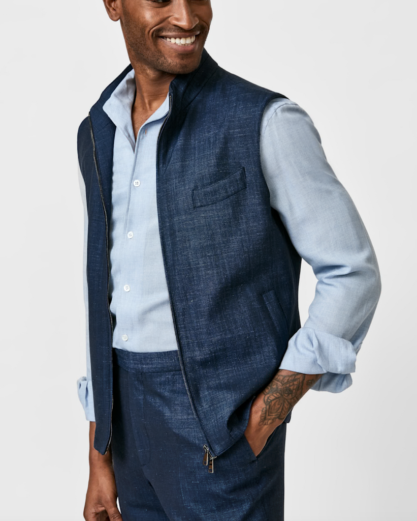 Loro Piana JERSELY Indigo Jersey Stretch Wool, Silk & Linen Twill Vest / Bodywarmer