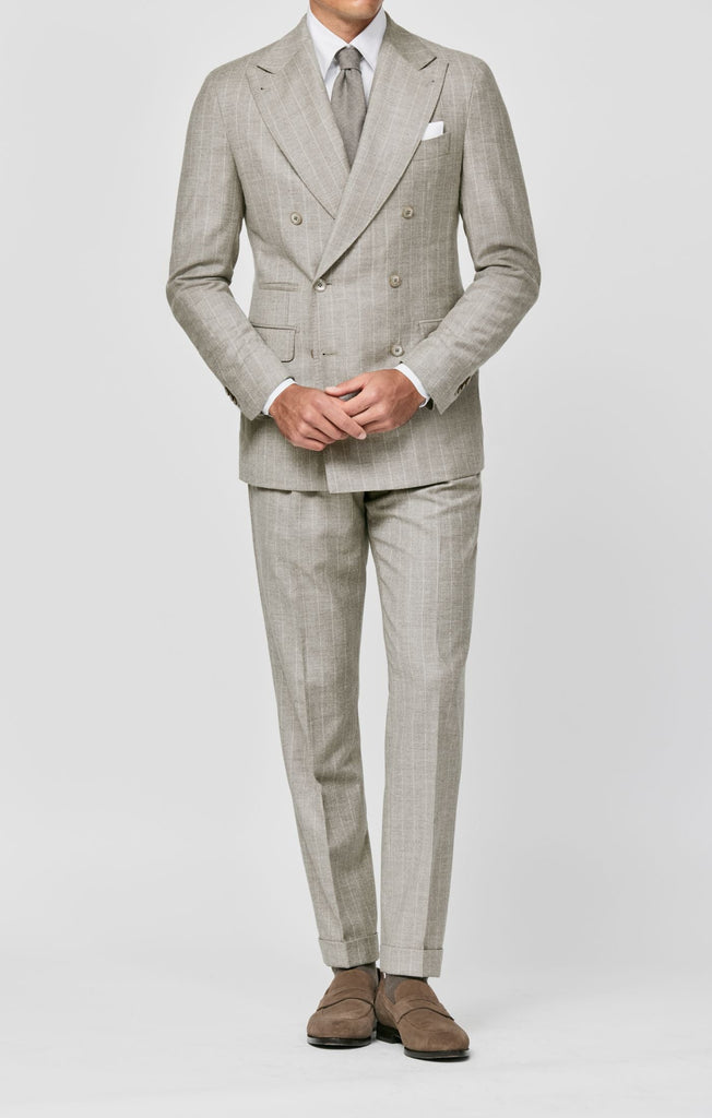 Loro Piana FAVOLA Taupe Merino Wool & Cashmere with Chalk Stripe
