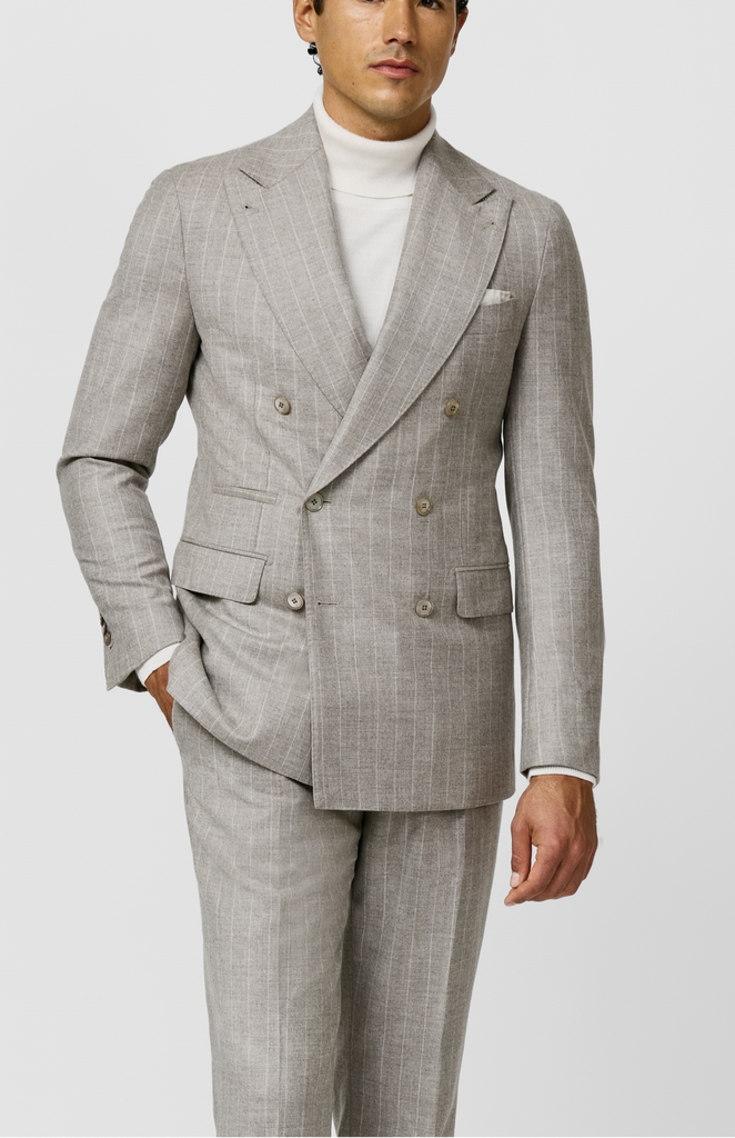 Loro Piana FAVOLA Taupe Merino Wool & Cashmere with Chalk Stripe