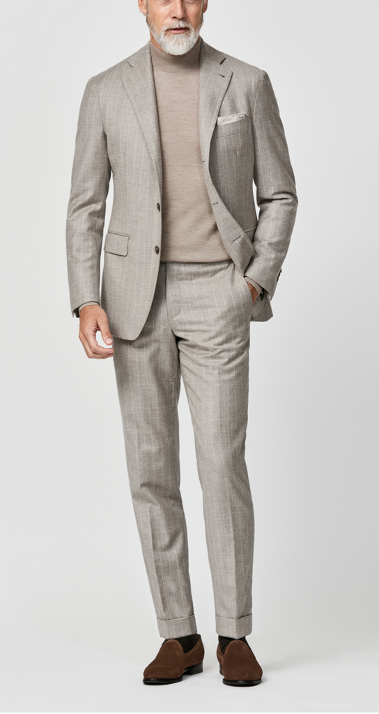 Loro Piana FAVOLA Taupe Merino Wool & Cashmere with Chalk Stripe