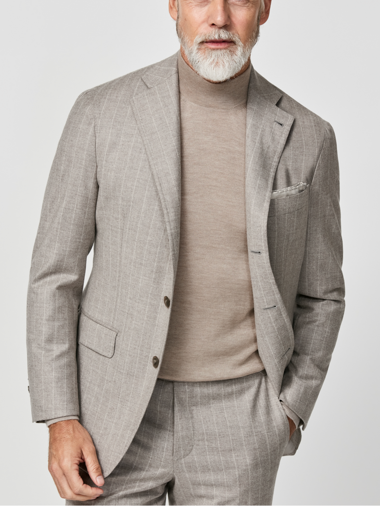 Loro Piana FAVOLA Taupe Merino Wool & Cashmere with Chalk Stripe