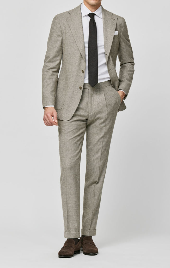 Loro Piana JERSELY Taupe & Ivory Stretch Merino Wool Micro Glencheck