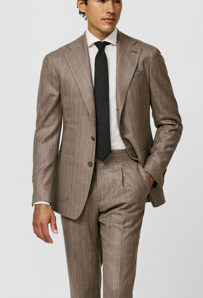 Loro Piana PECORA NERA Light Mocha Merino Wool Twill with Light Brown Stripes