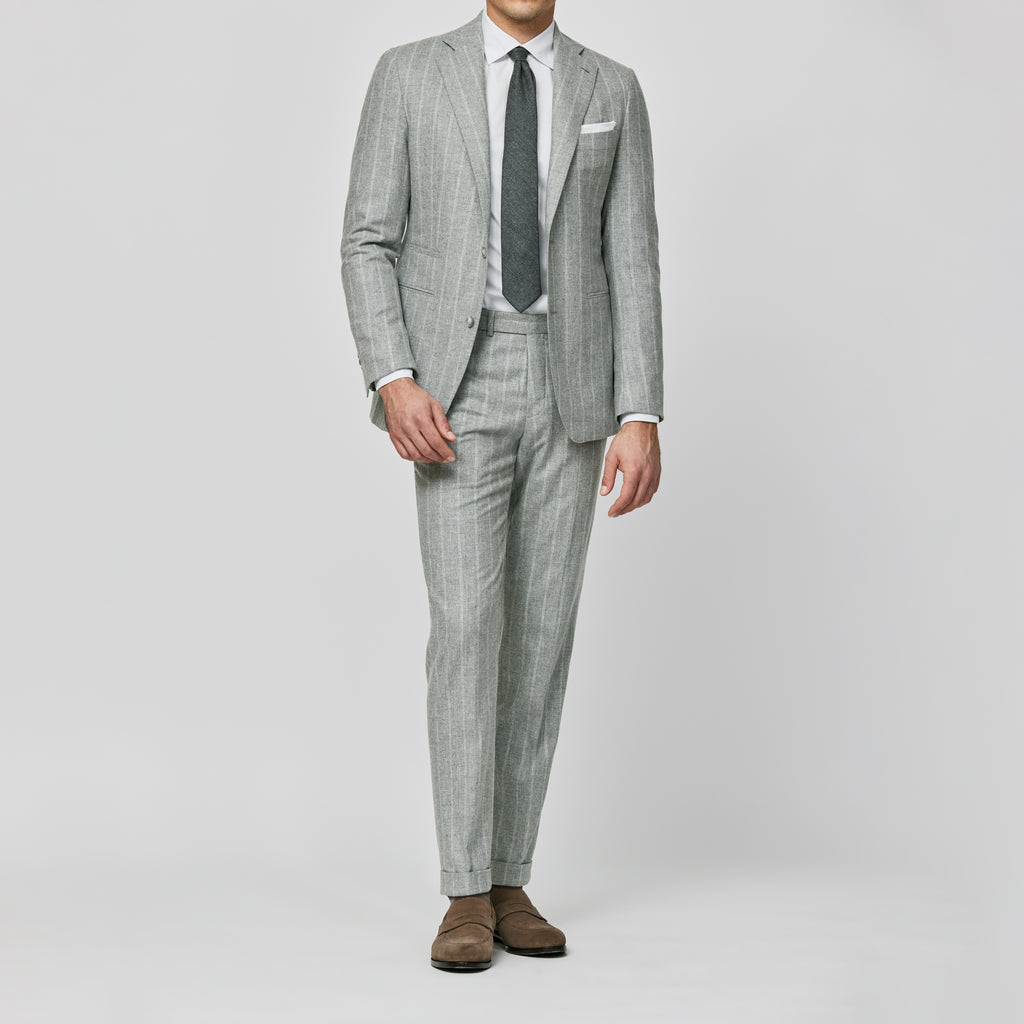 Carlo Barbera Stone Grey Merino Wool & Cashmere Flannel with Chalk Stripe