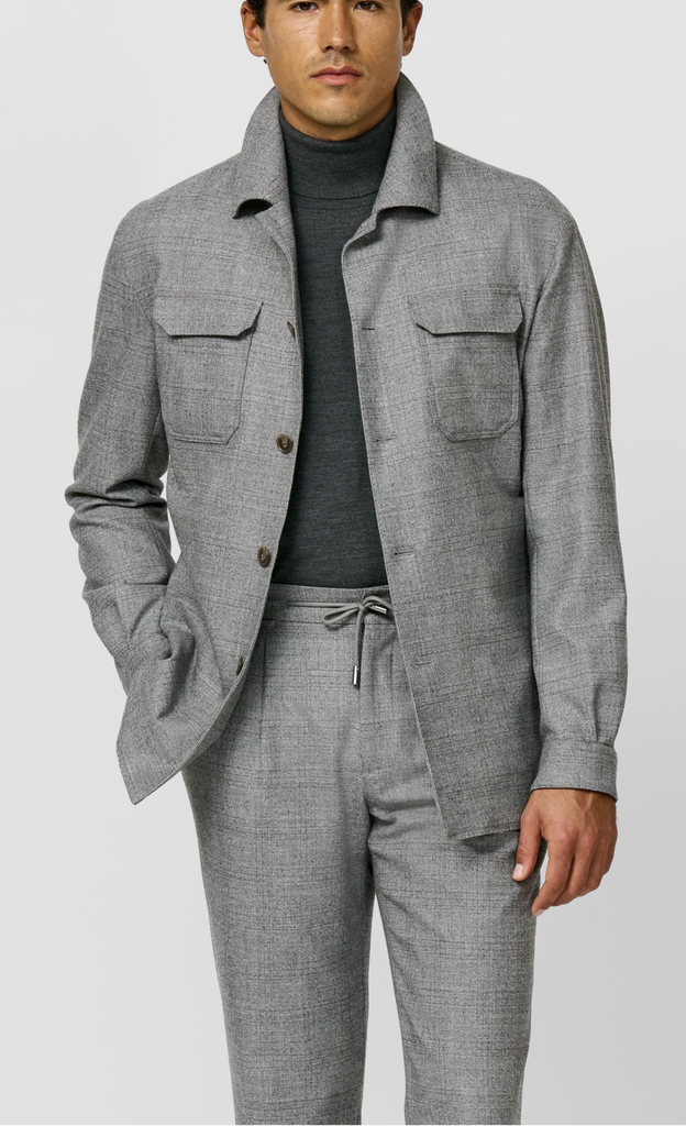 Loro Piana JERSELY Mixed Grey Stretch Merino Wool Glencheck with Light Pink Overcheck