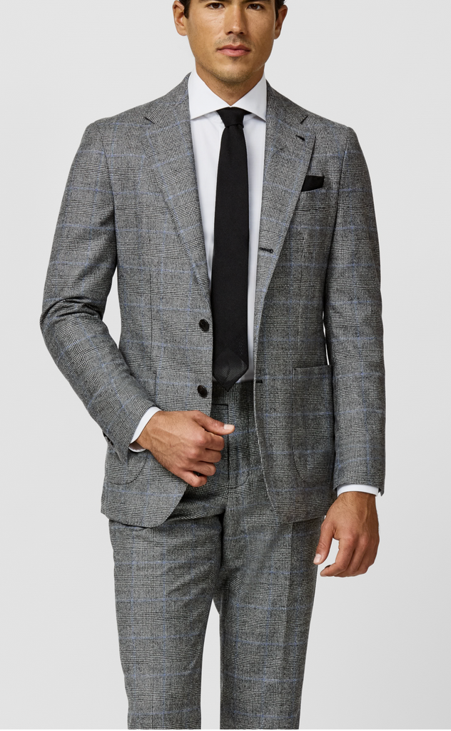 Loro Piana FAVOLA Black & White Merino Wool & Cashmere Glencheck with Cobalt Blue Windowpane