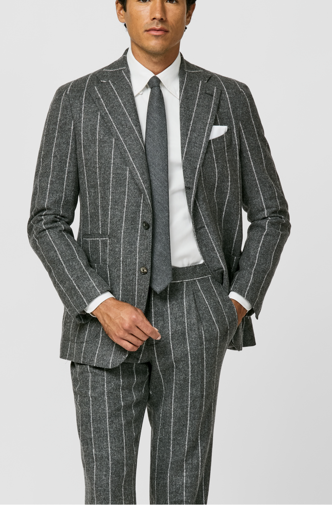 Ferla Dark Grey Mélange Baby Alpaca & Merino Wool Flannel with Ice Grey Stripes