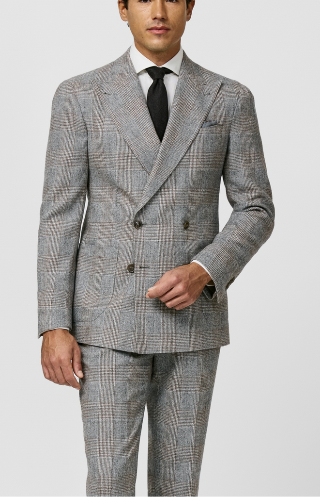 Ferla Light Grey Melange Merino Wool & Baby Alpaca Blend with Mid Grey & Cinnamon Glencheck