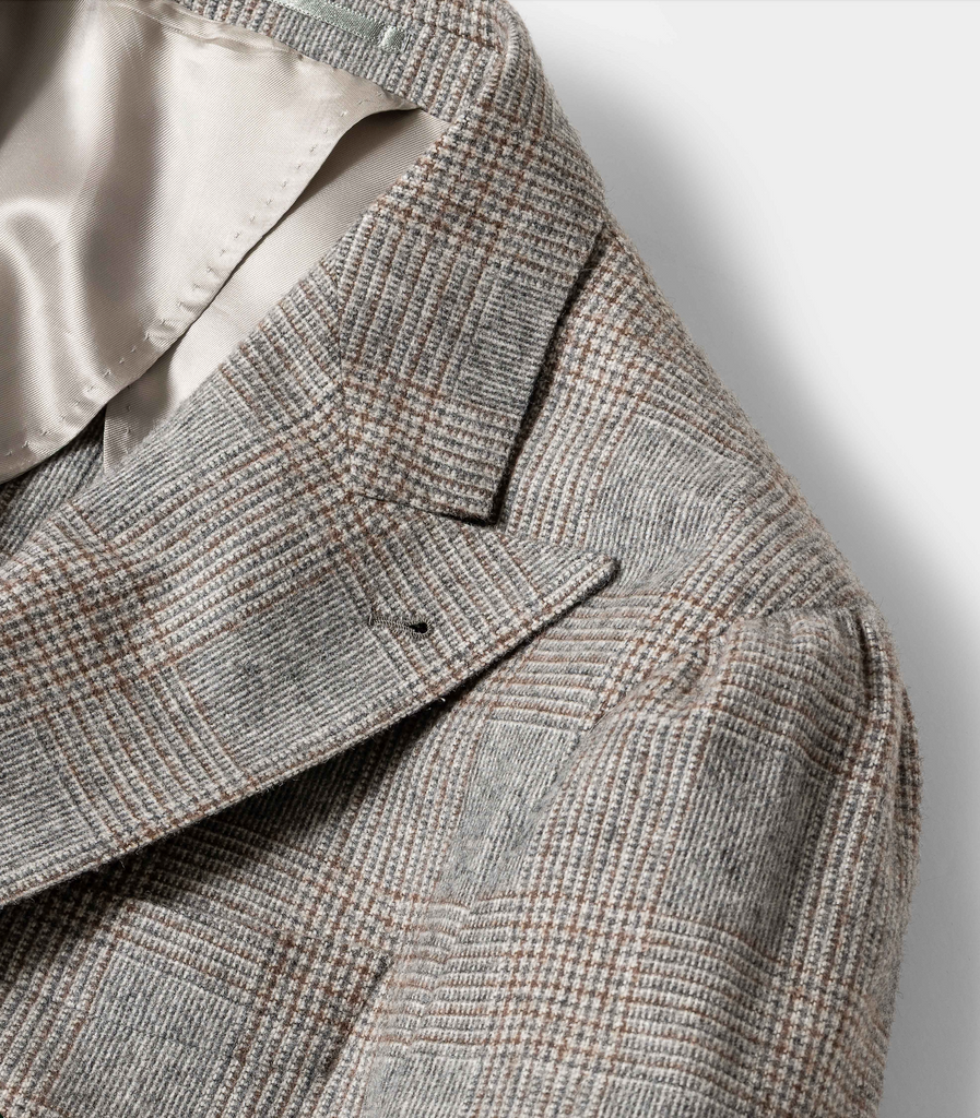 Ferla Light Grey Melange Merino Wool & Baby Alpaca Blend with Mid Grey & Cinnamon Glencheck