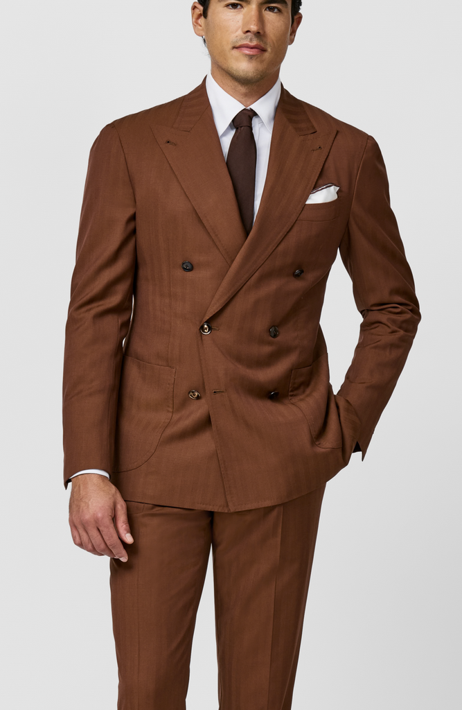 Drago Terracotta Natural Bi Stretch S130 Wool Solaro Herringbone