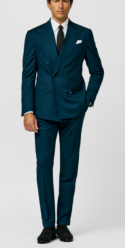 Drago Petrol Natural Bi Stretch S130 Wool Solaro Herringbone