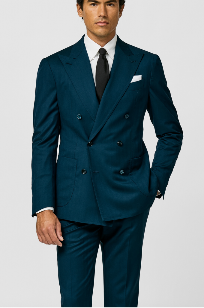 Drago Petrol Natural Bi Stretch S130 Wool Solaro Herringbone