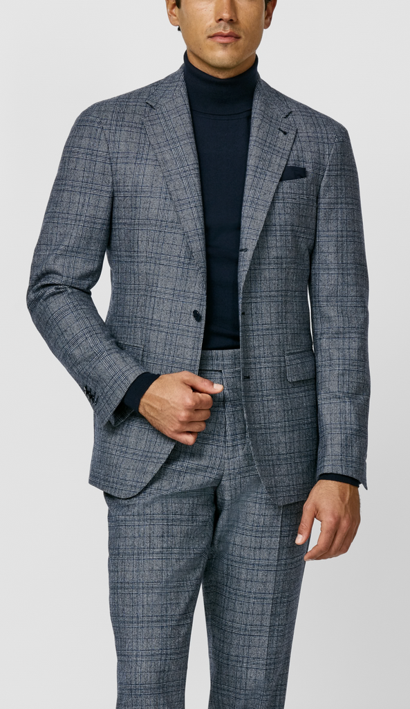 Loro Piana JERSELY Mixed Grey Stretch Merino Wool with Blue Glencheck