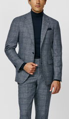 Loro Piana JERSELY Mixed Grey Stretch Merino Wool with Blue Glencheck