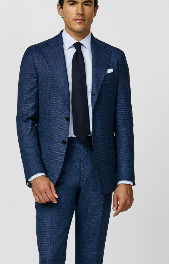 Loro Piana MOOVING Neapolitan Blue Natural Stretch S120 Merino Wool Micro Houndstooth