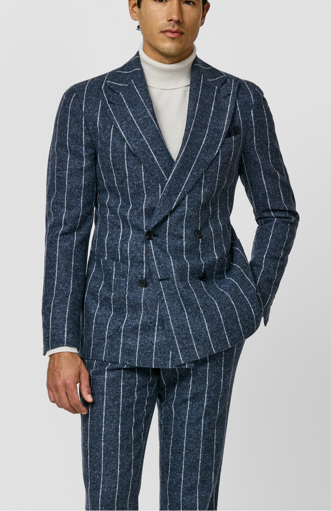 Ferla Dark Slate Blue Mélange Baby Alpaca & Merino Wool Flannel with Ice Grey Stripes