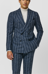 Ferla Dark Slate Blue Mélange Baby Alpaca & Merino Wool Flannel with Ice Grey Stripes