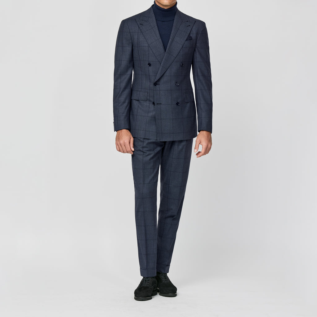 Loro Piana ZELANDER Dark Stone Blue Merino Wool Glencheck with Dark Blue Overcheck