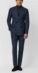 Loro Piana ZELANDER Dark Stone Blue Merino Wool Glencheck with Dark Blue Overcheck