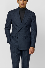 Loro Piana ZELANDER Dark Stone Blue Merino Wool Glencheck with Dark Blue Overcheck