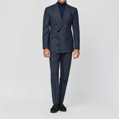 Loro Piana ZELANDER Dark Stone Blue Merino Wool Glencheck with Dark Blue Overcheck