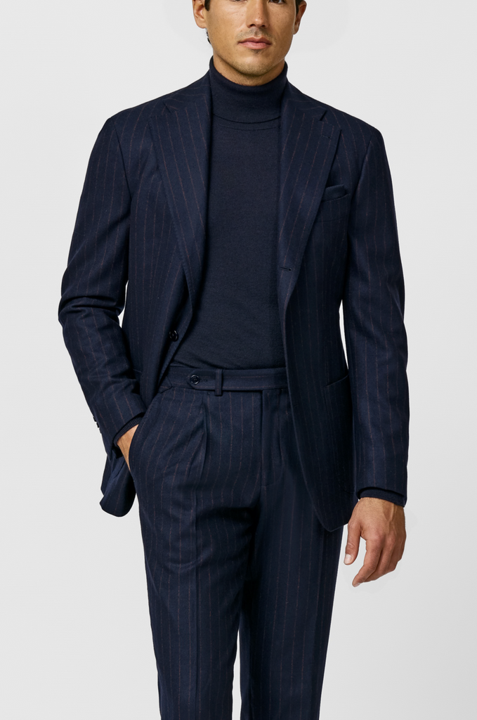 Loro Piana MOOVING Dark Indigo Stretch Merino Wool Twill with Rust Stripes