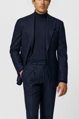 Loro Piana MOOVING Dark Indigo Stretch Merino Wool Twill with Rust Stripes