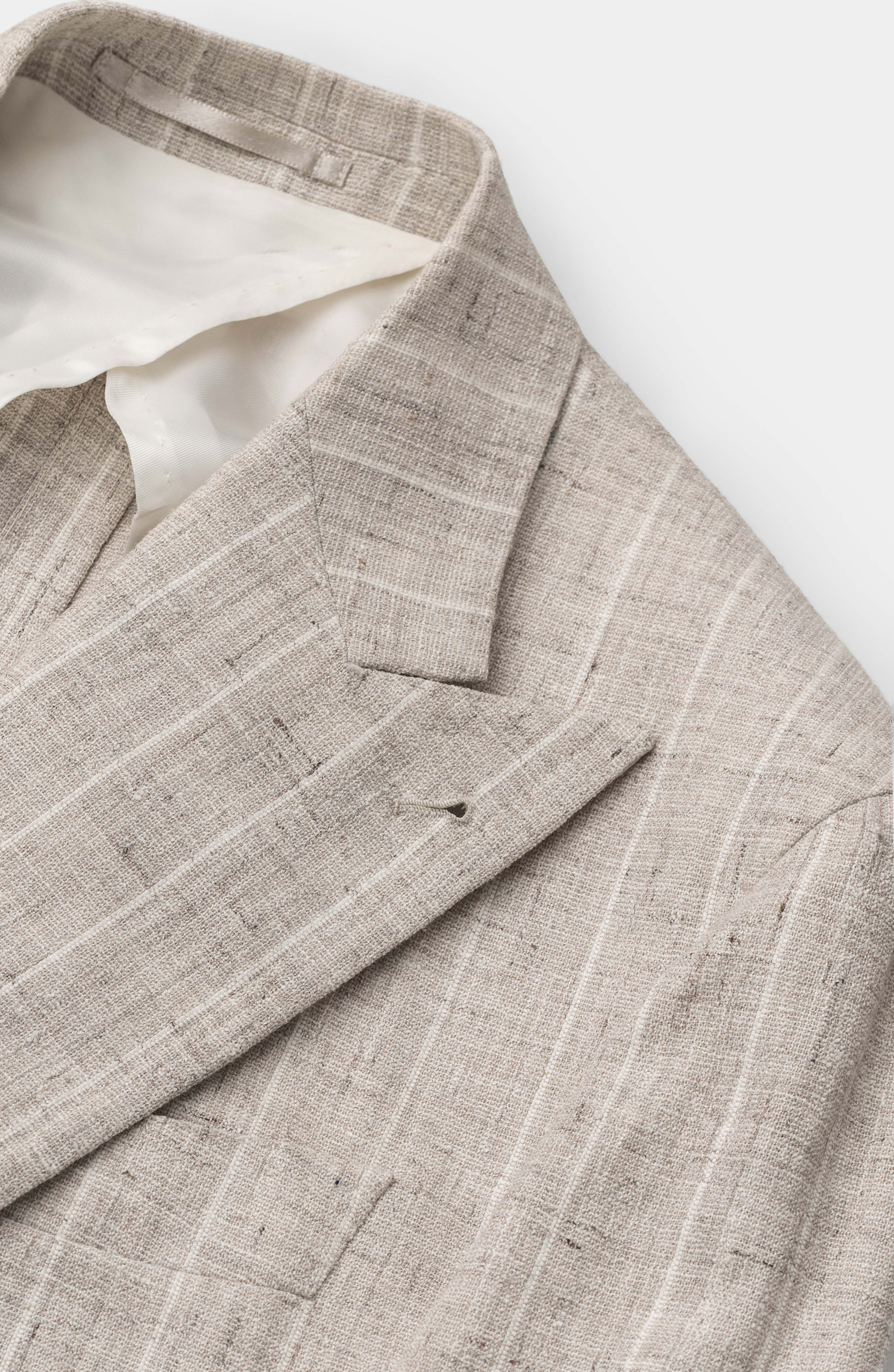 Ferla Greige & Ivory Mélange Stretch Linen, Baby Alpaca & Cotton Blend With Off-White Pencil Stripes