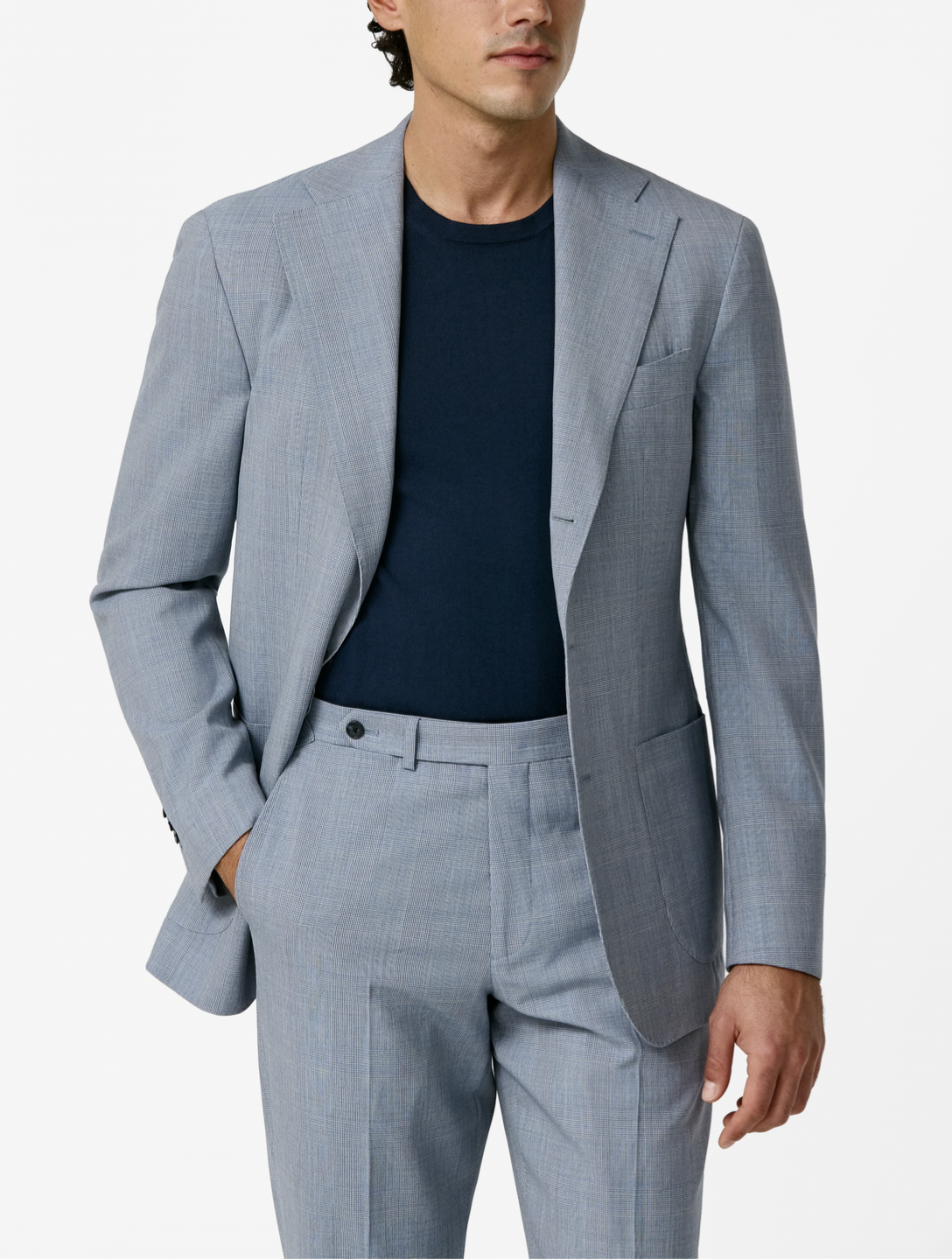 Drago Light Neapolitan Blue-Ivory Lightweight S130 Natural Bi-Stretch Wool Glencheck