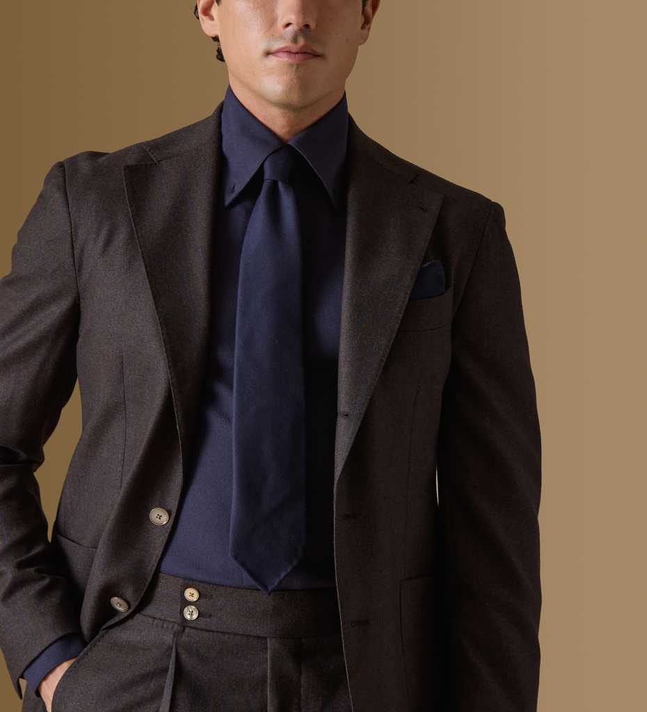 ATTITUDE NATURAL STRETCH Chocolate Brown Wool Twill with Neapolitan Blue Pencil Stripes