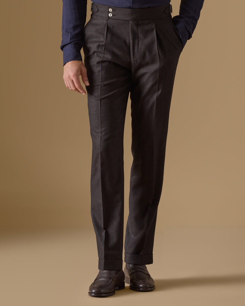 ATTITUDE NATURAL STRETCH Chocolate Brown Wool Twill with Neapolitan Blue Pencil Stripes