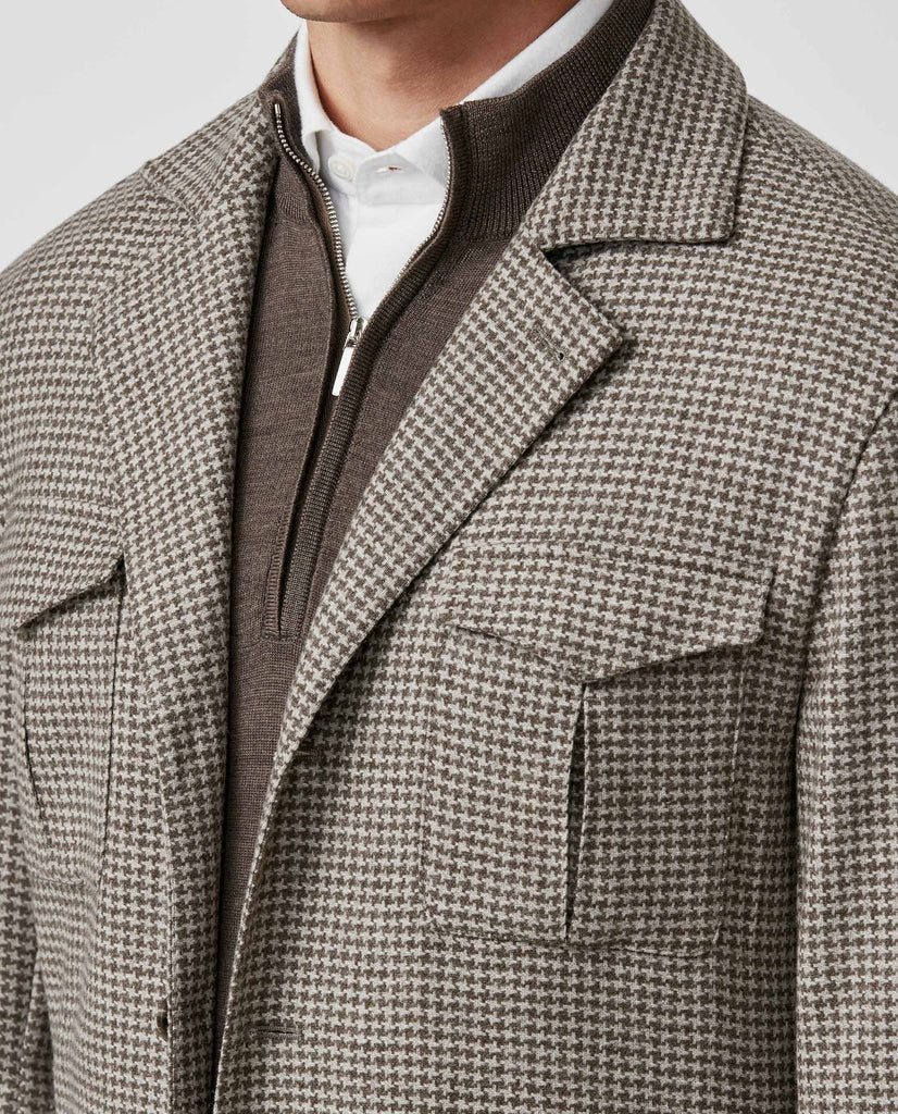 Bottoli Oatmeal & Brown Houndstooth Open Basketweave Merino Wool & Cashmere