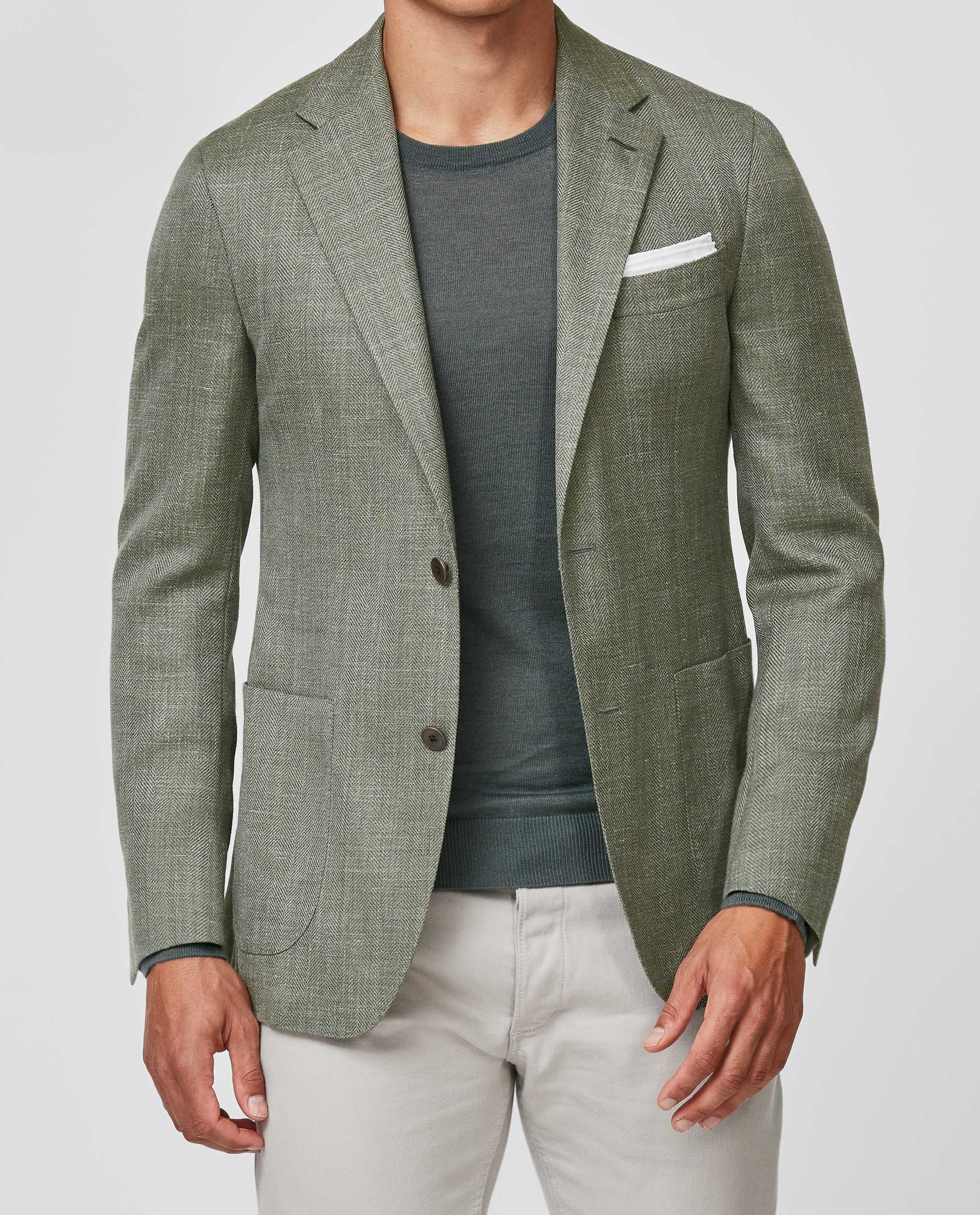 Drago Silver & Green Wool, Silk & Linen Herringbone