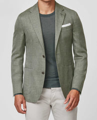 Drago Silver & Green Wool, Silk & Linen Herringbone