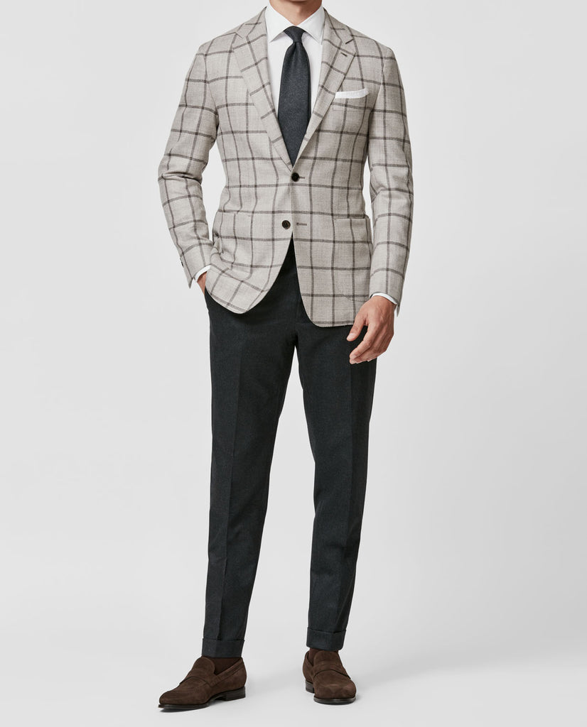 Loro Piana SILK AIR Bone Sharkskin Wool, Silk & Cashmere with Dark Brown Windowpane