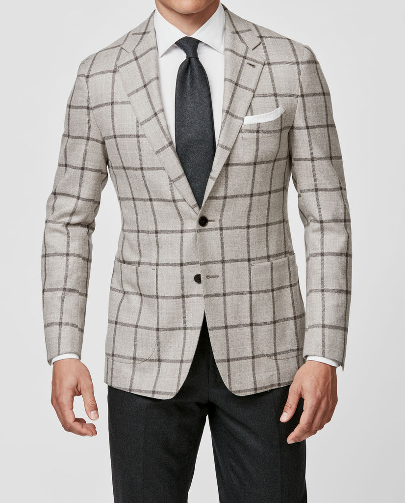 Loro Piana SILK AIR Bone Sharkskin Wool, Silk & Cashmere with Dark Brown Windowpane