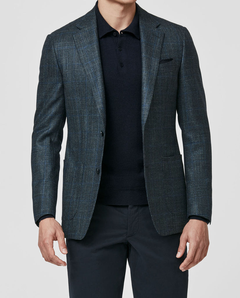 Loro Piana SILK AIR Green & Midnight Blue Wool, Silk & Cashmere Glencheck with Blue Check