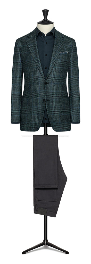 Loro Piana SILK AIR Green & Midnight Blue Wool, Silk & Cashmere Glencheck with Blue Check