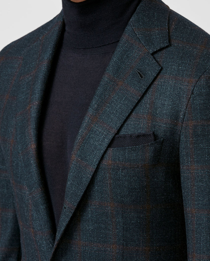 Loro Piana Dark Green Sharkskin Wool, Silk & Cashmere with Dark Brown Windowpane