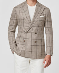 Loro Piana SUMMERTIME Taupe Wool, Silk & Linen with Brown Check